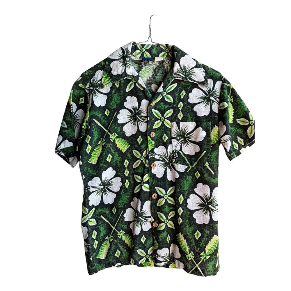 Vintage 90s Men's Hawaiian Aloha Shirt Barcloth Green Tiki Hibiscus Print Size S